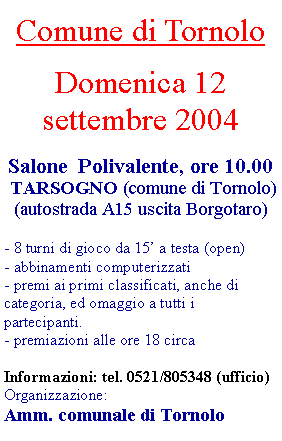 Casella di testo: Comune di TornoloDomenica 12 settembre 2004Salone  Polivalente, ore 10.00 TARSOGNO (comune di Tornolo)(autostrada A15 uscita Borgotaro)- 8 turni di gioco da 15 a testa (open)- abbinamenti computerizzati- premi ai primi classificati, anche di categoria, ed omaggio a tutti i partecipanti.- premiazioni alle ore 18 circaInformazioni: tel. 0521/805348 (ufficio)Organizzazione: Amm. comunale di Tornolo 