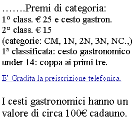 Casella di testo: .Premi di categoria:1 class.  25 e cesto gastron.2 class.  15(categorie: CM, 1N, 2N, 3N, NC.,)1 classificata: cesto gastronomicounder 14: coppa ai primi tre.E Gradita la preiscrizione telefonica.I cesti gastronomici hanno un valore di circa 100 cadauno.  