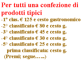 Casella di testo: Per tutti una confezione di prodotti tipici             -1 clas.  125 e cesto gastronomico-2 classificato  80 e cesto g.-3 classificato  45 e cesto g.-4 classificato  30 e cesto g.-5 classificato  25 e cesto g.    prima classificata: cesto g.  (Premi; segue...)